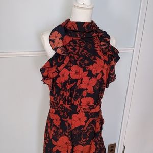 navy floral print frill detail wrap maxi dress